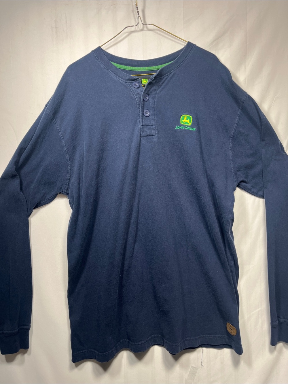 John Deere Navy Long-Sleeve Henley with Green Logo Large
